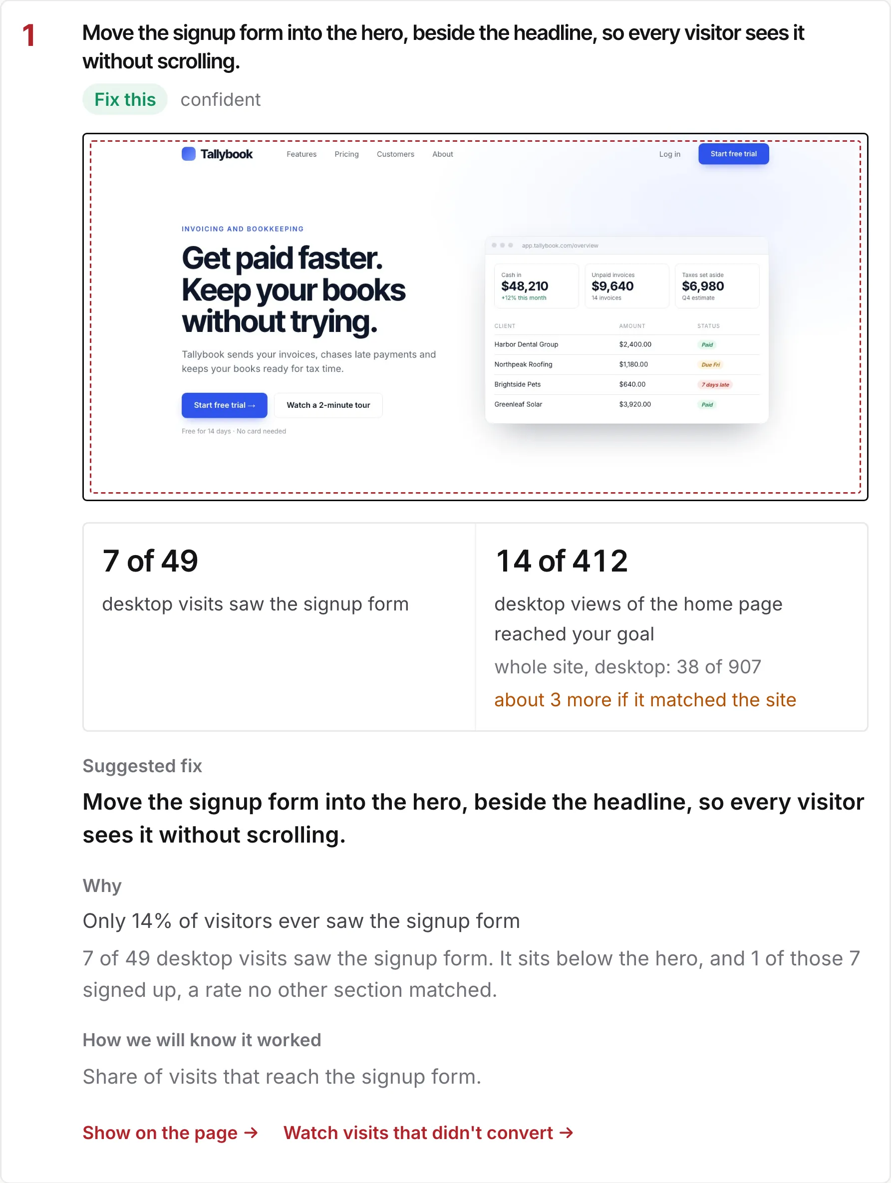 One finding opened: the crop of the page, the number behind it, the suggested fix, why, and how we will know it worked
