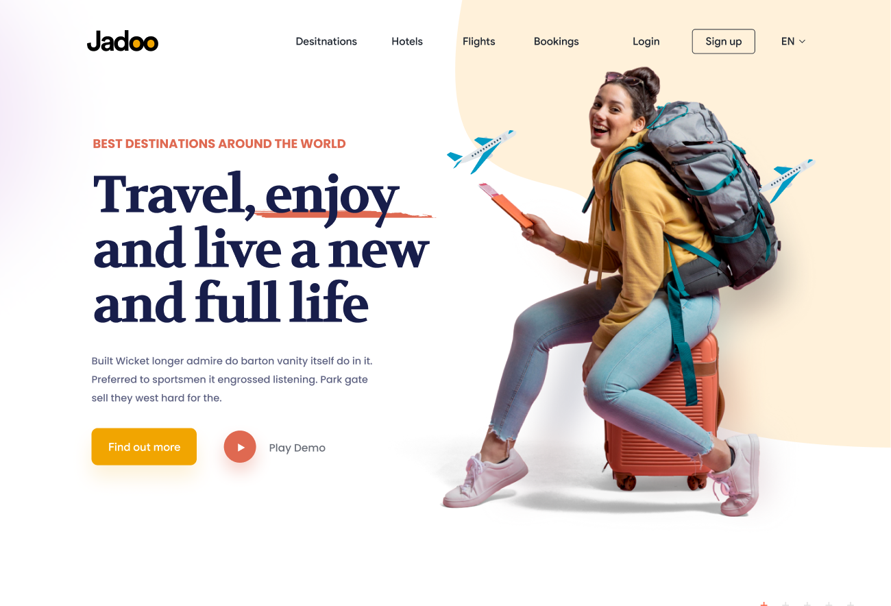 A travel site hero with Cortality's per-element engagement boxes drawn over every button and piece of text