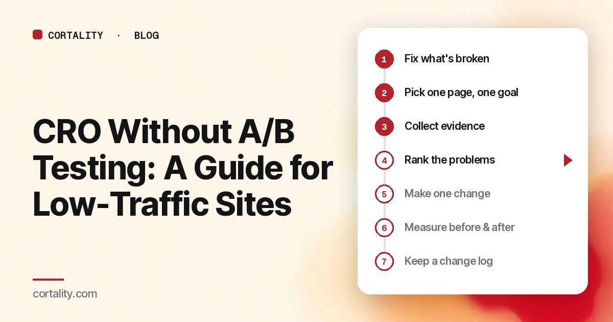 Seven-step process for improving conversions without A/B testing, from fixing broken things to keeping a change log