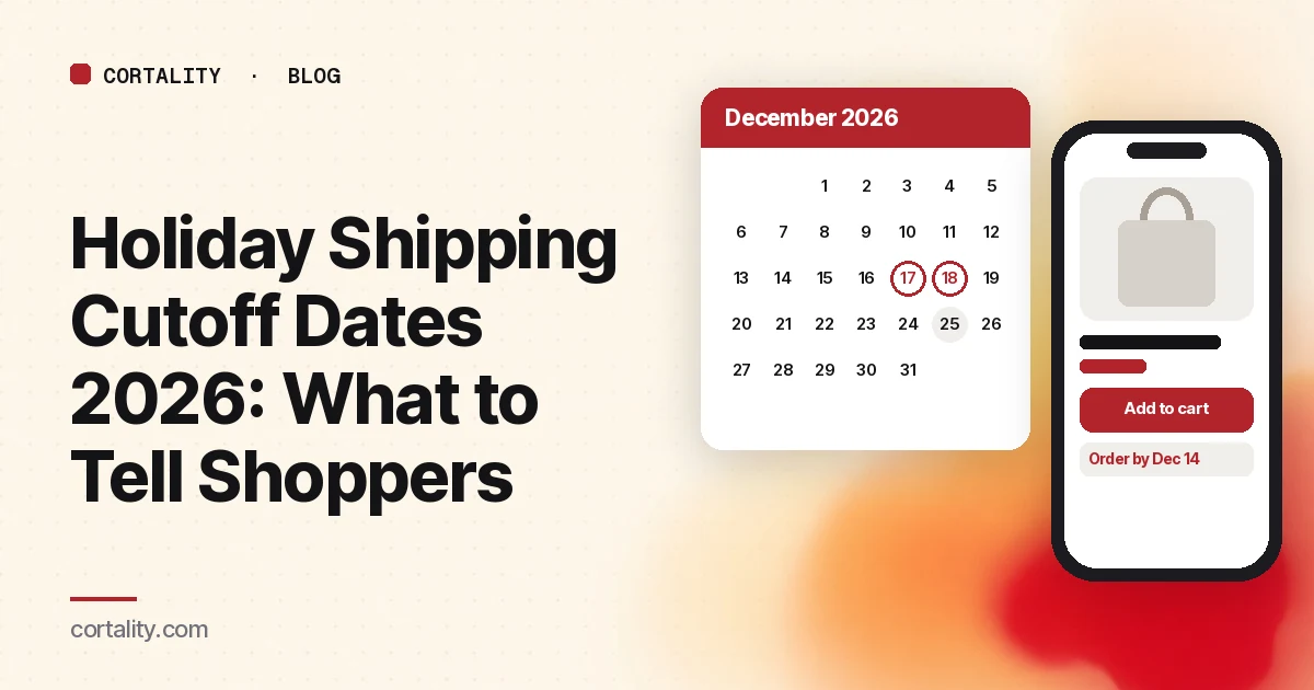 Illustration of a December calendar with the 17th and 18th circled next to a phone showing a product page with an order-by date line under the add to cart button