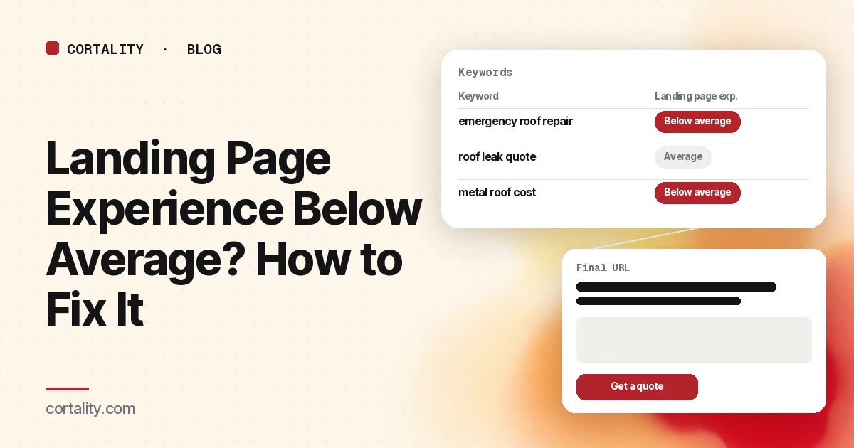 Illustration of a Google Ads keyword table with a Below average landing page experience status, next to the landing page it points to