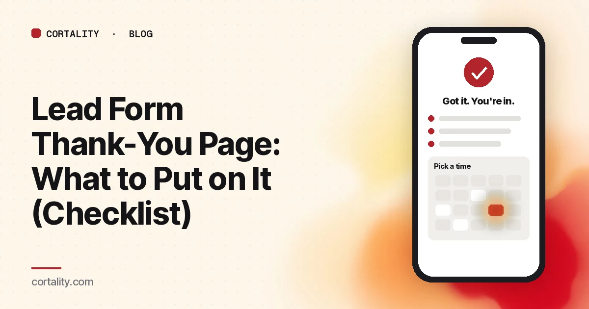 Illustration of a thank-you page on a phone with a confirmation check, a short what-happens-next list and an embedded calendar for booking a call