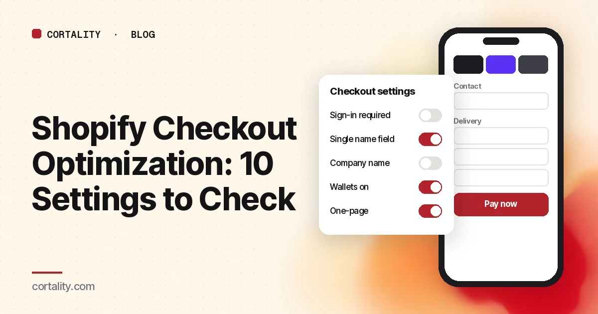 Illustration of a one-page checkout on a phone with a short form of contact, name and address fields, express payment buttons at the top, and a settings panel with toggles beside it