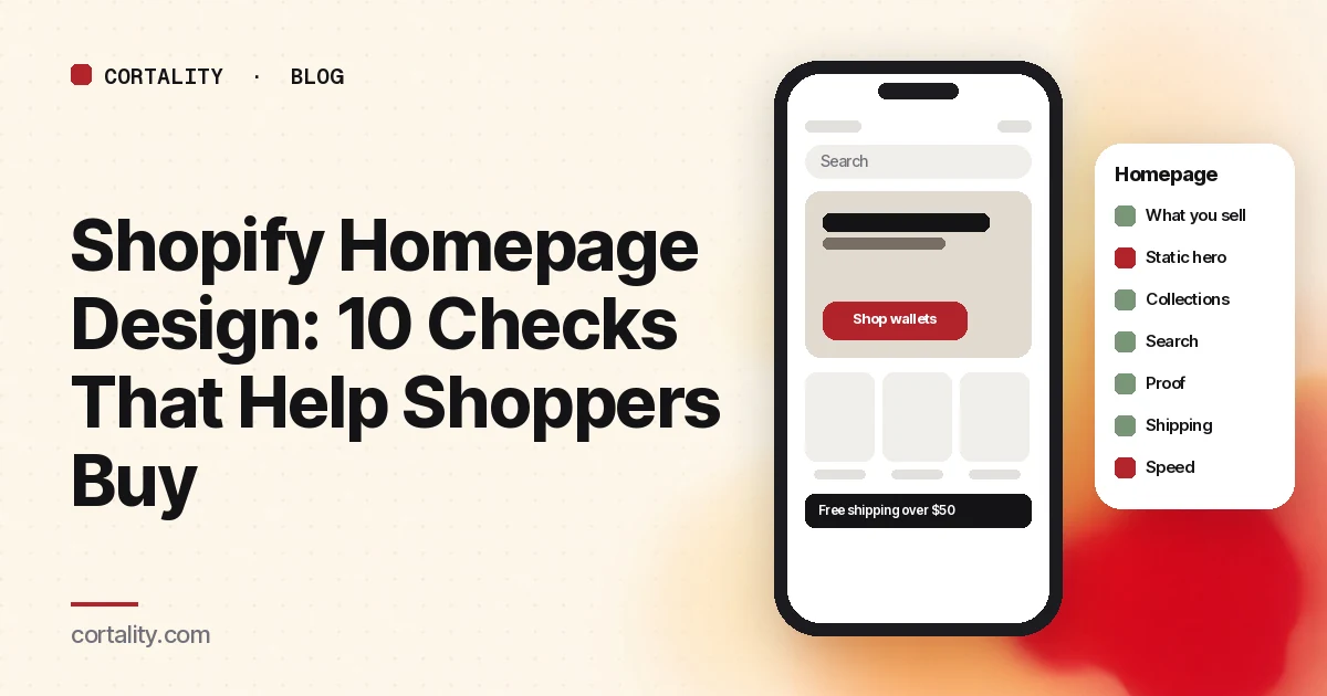 Illustration of a mock online store homepage on a phone with a static hero, a visible search bar and three collection tiles, next to a short checklist