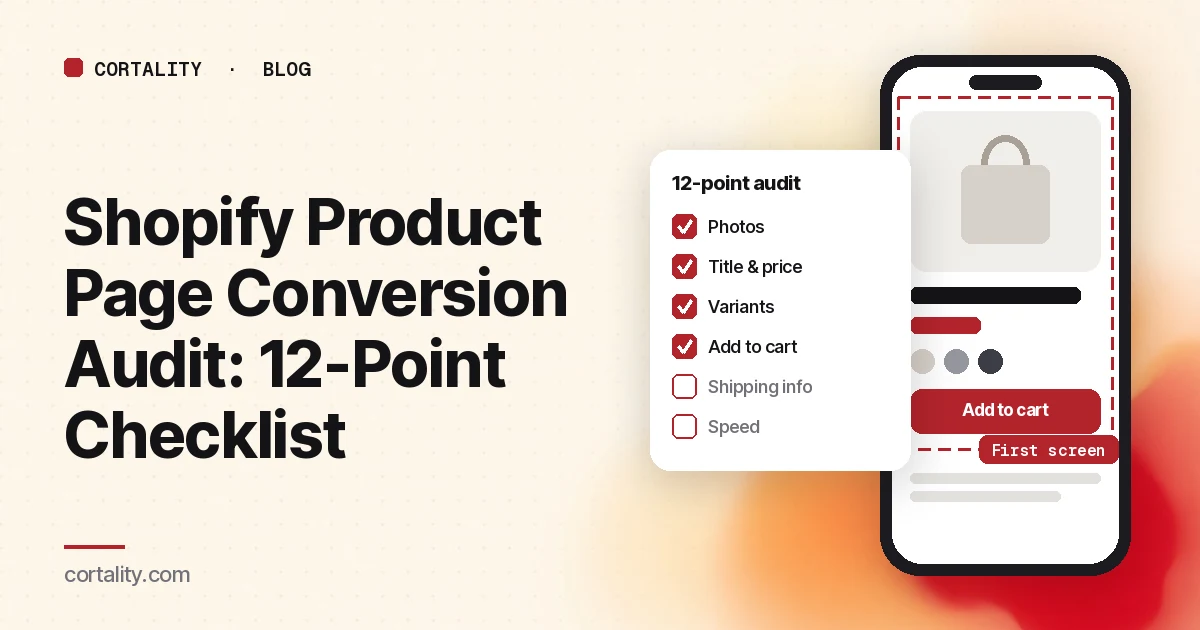 Illustration of a product page on a phone with the first screen outlined, showing the product photo, title, price and add to cart button, next to a 12-point audit checklist
