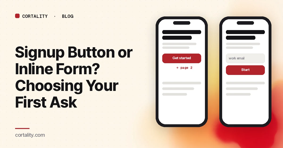 Illustration of two phone screens side by side, one with a single signup button leading to a second page, the other with a short email form on the page itself