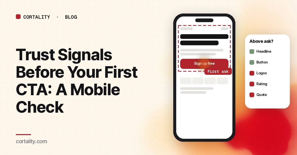 Illustration of a phone homepage with a first-screen line drawn above the first button, and a small checklist of trust signals beside it