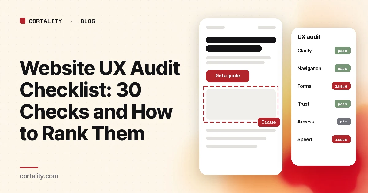 Illustration of a website audit sheet with checks marked pass, issue and not tested next to a mock web page with one problem area highlighted